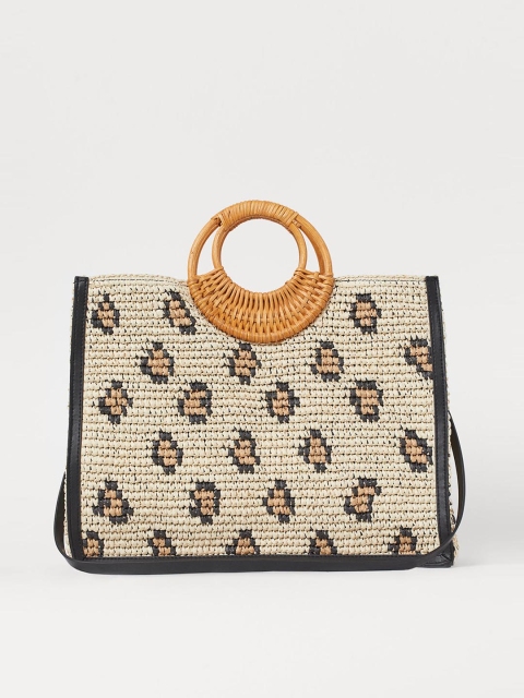 H&M Women Beige & Black Self Design Paper Straw Shopper