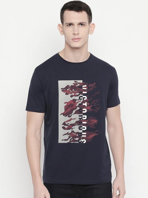 Status Quo Men Navy Blue Printed Round Neck T-shirt