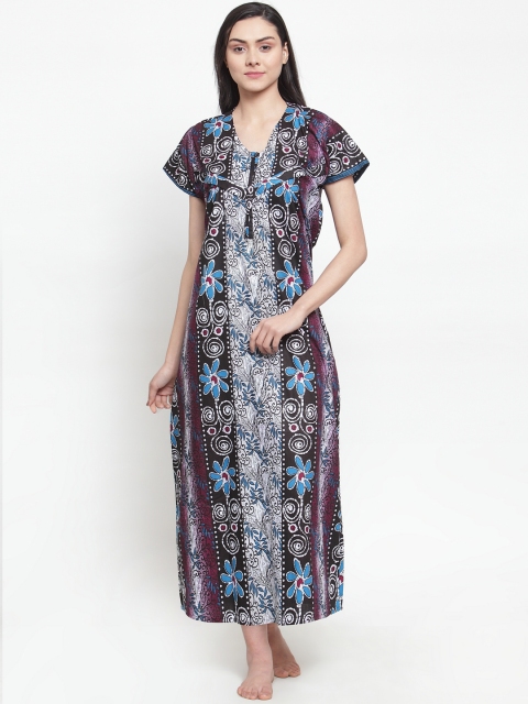 Secret Wish Blue & Black Printed Maternity Nightdress