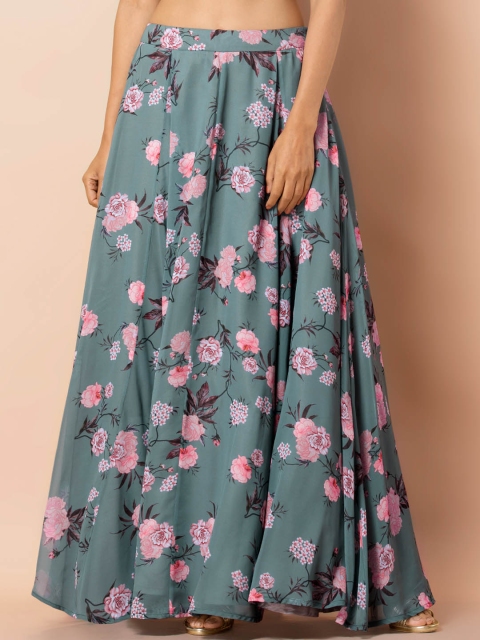 INDYA Women Grey & Pink Floral Printed Flared Georgette Maxi Skirt