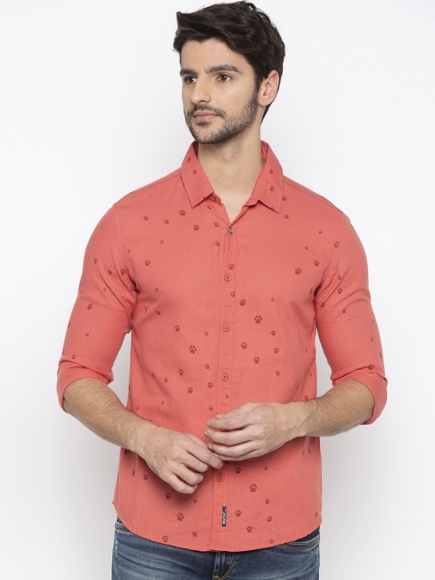 SPYKAR Men Peach-Coloured Slim Fit Printed Casual Shirt