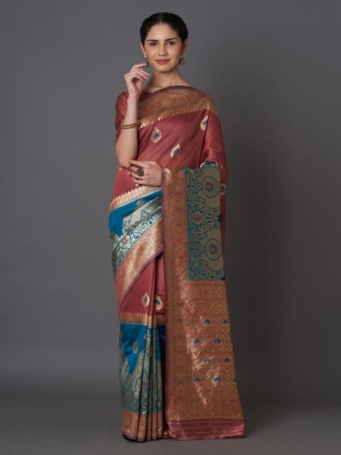 Mitera Rust & Blue Silk Blend Woven Design Kanjeevaram Saree
