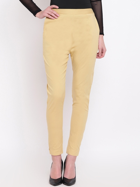 RIVI Women Cream-Coloured Pencil Slim Fit Solid Cigarette Trousers