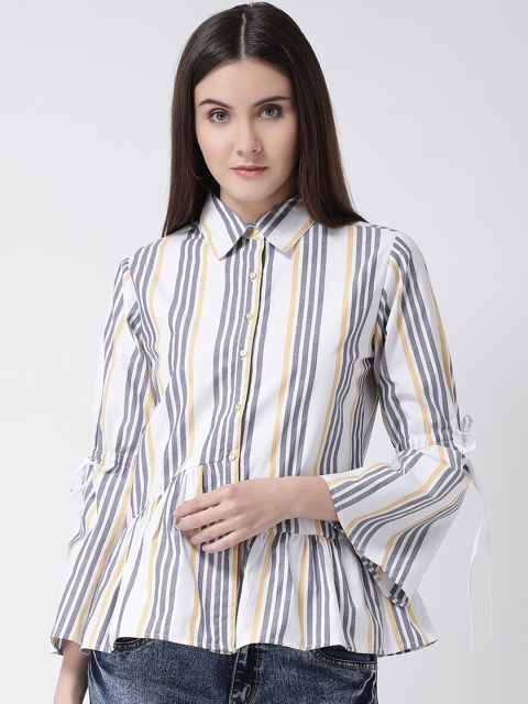 Aayna Women White & Yellow Regular Fit Striped Casual Shirt