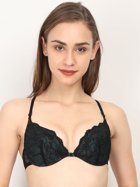 WOMENSECRET Black & Green Lace-Detailed Non-Wired Lightly Padded Push-Up Bra