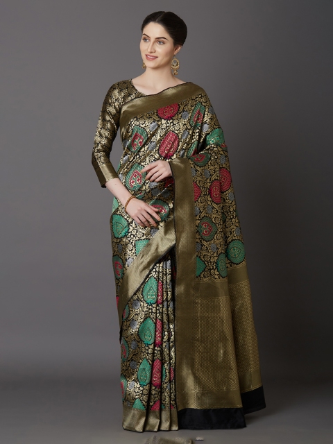 Mitera Black & Gold-Toned Silk Blend Woven Design Kanjeevaram Saree