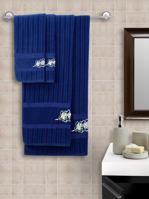 HOSTA HOMES Set Of 4 Blue Self Striped Pure Cotton 500 GSM Couple Towels