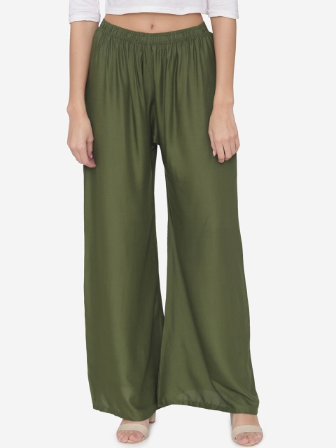 N-Gal Women Olive Green Solid Wide Leg Palazzos