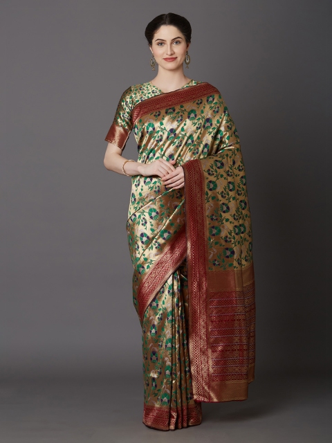 Mitera Green & Maroon Silk Blend Woven Design Kanjeevaram Saree