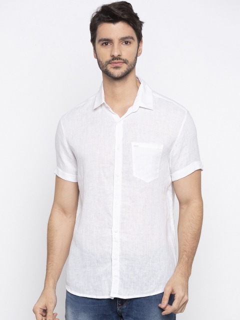 SPYKAR Men White Slim Fit Solid Linen Casual Shirt