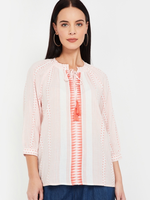 Fame Forever by Lifestyle Women Coral Red & White Striped A-Line Top