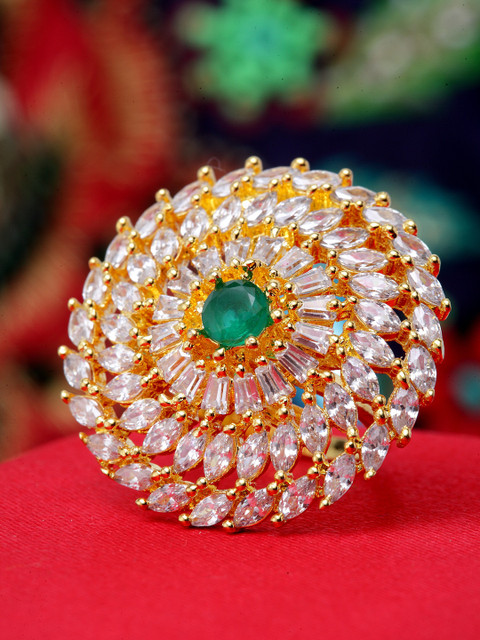 Bhana Fashion Gold-Plated White & Green Stone-Studded American Diamond Handcrafted Finger Ring
Bhana Fashion Gold-Plated White & Green Stone-Studded American Diamond Handcrafted Finger Ring