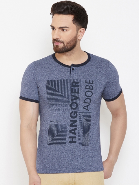 Adobe Men Blue Printed Henley Neck T-shirt