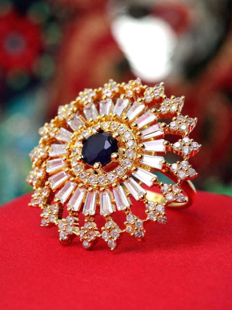 Bhana Fashion Gold-Plated White & Black CZ Stone-Studded Handcrafted American Diamond Finger Ring