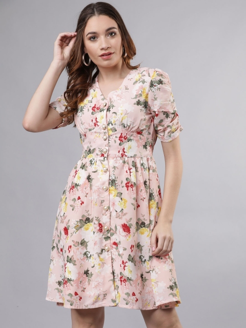 Tokyo Talkies Women Pink Printed Fit and Flare Dress