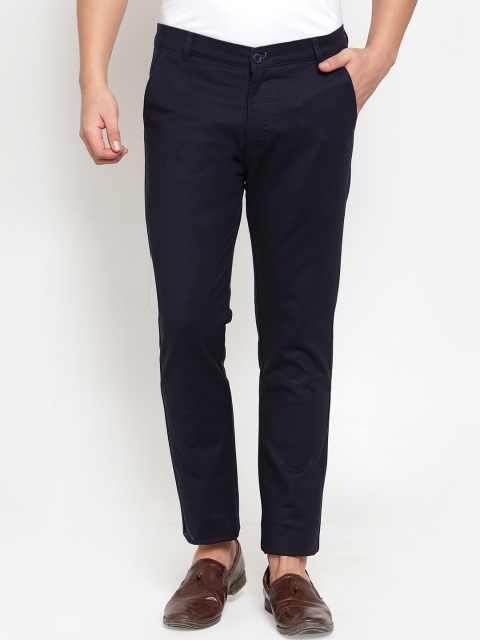 Rodamo Men Navy Blue Slim Fit Solid Regular Trousers
