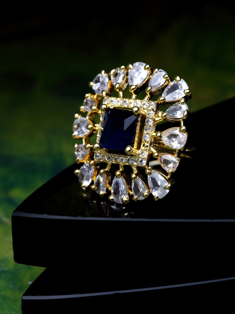 Bhana Fashion Gold-Plated & Blue AD Studded Handcrafted Square Finger Ring