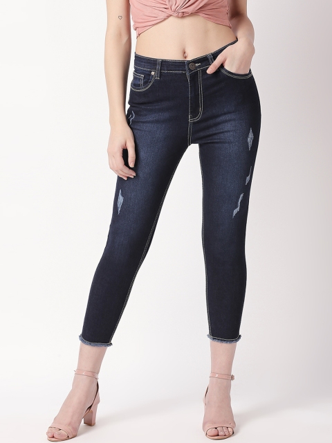 High Star Women Blue Slim Fit High-Rise Low Distress Stretchable Crop Jeans