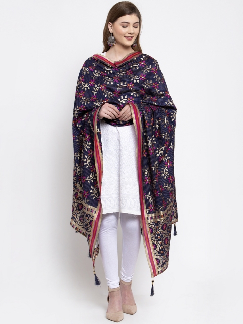 Sugathari Navy Blue Woven Design Dupatta