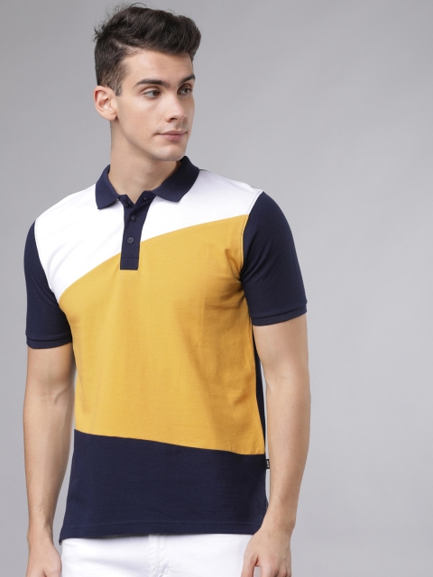 HIGHLANDER Men Mustard Yellow & Navy Blue Colourblocked Polo Collar T-shirt
