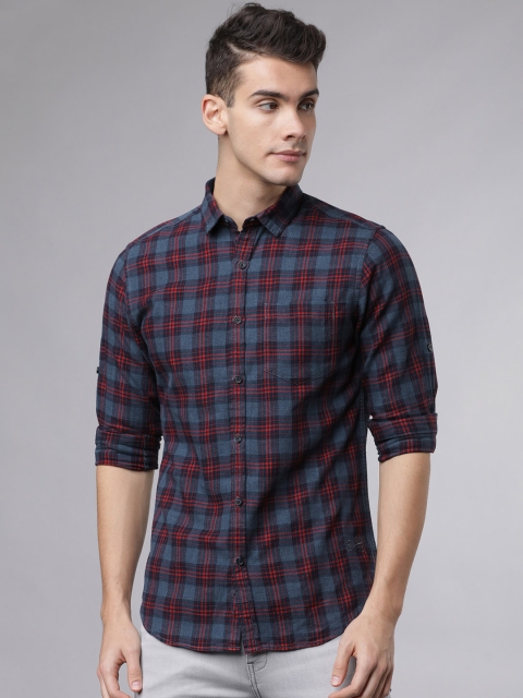 Ecko Unltd Men Navy Blue & Red Slim Fit Checked Casual Shirt