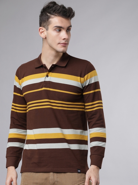 Ecko Unltd Men Brown Striped Polo Collar T-shirt