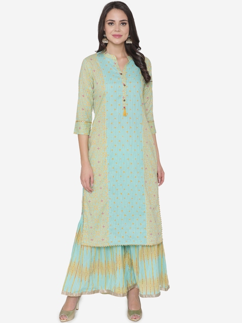 DIVA WALK Women Sea Green & Yellow Printed Kurta with Sharara