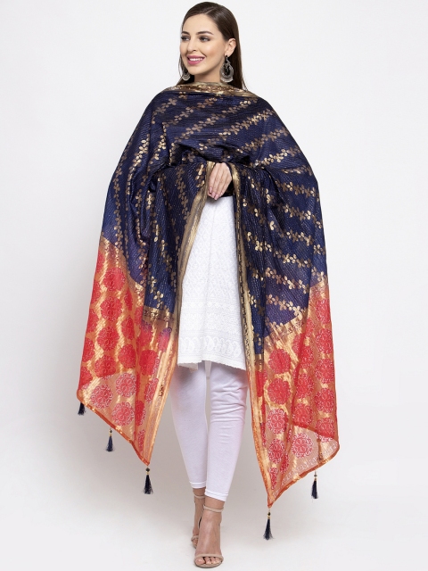 Sugathari Navy Blue & Red Woven Design Dupatta