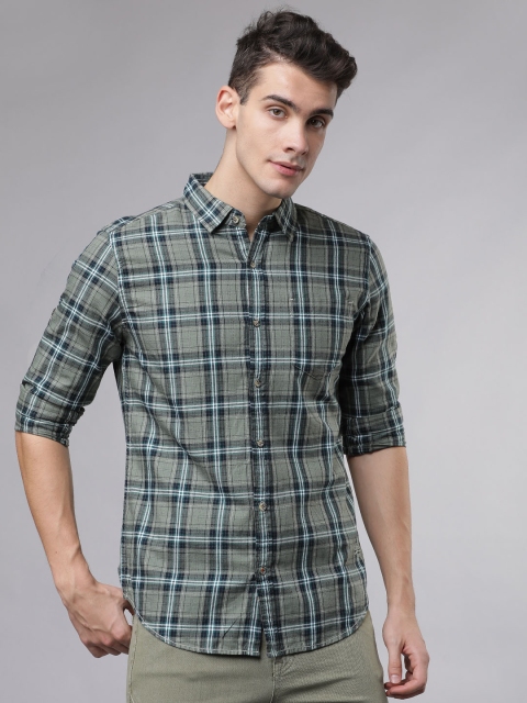 Ecko Unltd Men Olive Green & White Slim Fit Checked Casual Shirt