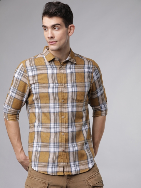Ecko Unltd Men Mustard Yellow & White Slim Fit Checked Casual Shirt