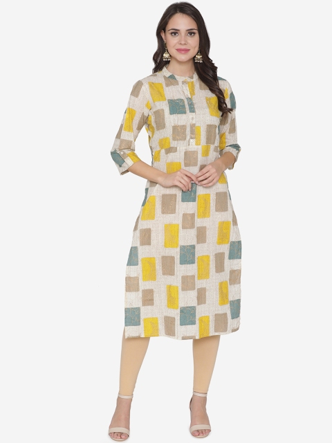 DIVA WALK Women Yellow & Off-White Printed Straight Kurta