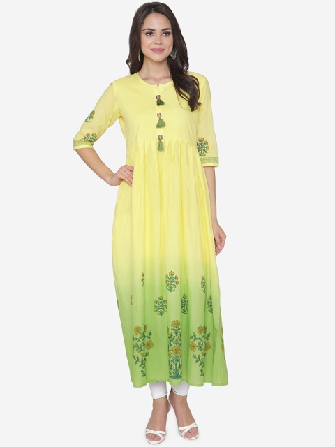DIVA WALK Women Yellow & Green Printed A-Line Kurta