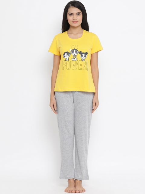 Clovia Women Yellow & Grey Printed Night suit