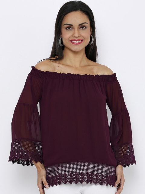Soie Women Maroon Self Design Bardot Top