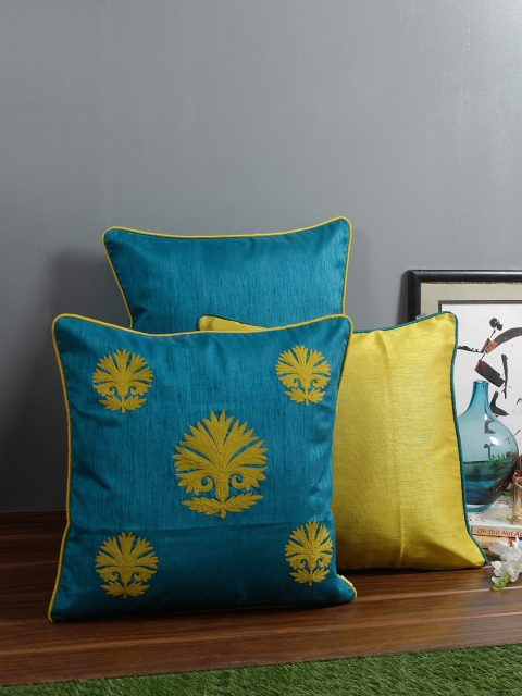 HomeTown Turquoise Blue & Mustard Yellow Set of 3 Square Cushion Covers