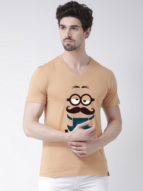 Friskers Men Beige Printed V-Neck T-shirt