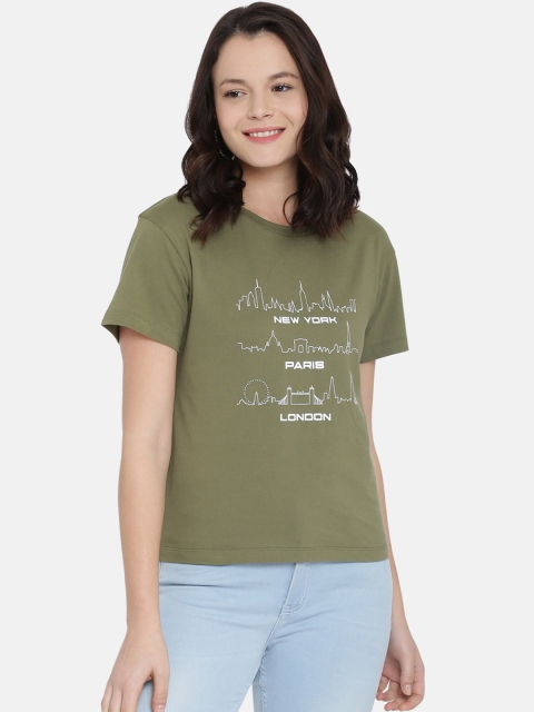 ISU Women Olive Green Printed Round Neck T-shirt