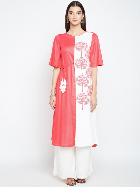 studio rasa Women Coral Pink & White Printed Kurta with Palazzos