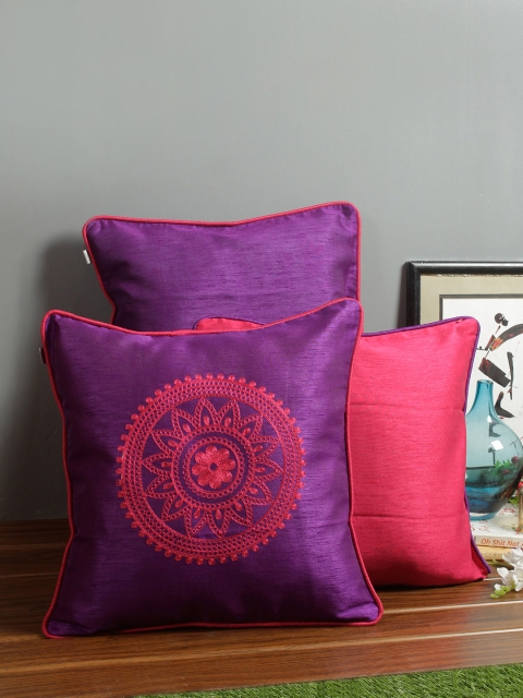Living Essence Purple Set of 3 Embroidered Square Cushion Covers
