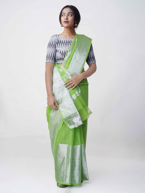 Unnati Silks Green & Silver-Toned Pure Cotton Solid Uppada Saree