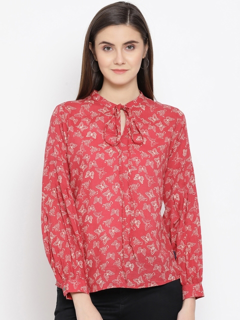 Crimsoune Club Women Coral Pink & Off-White Printed Top