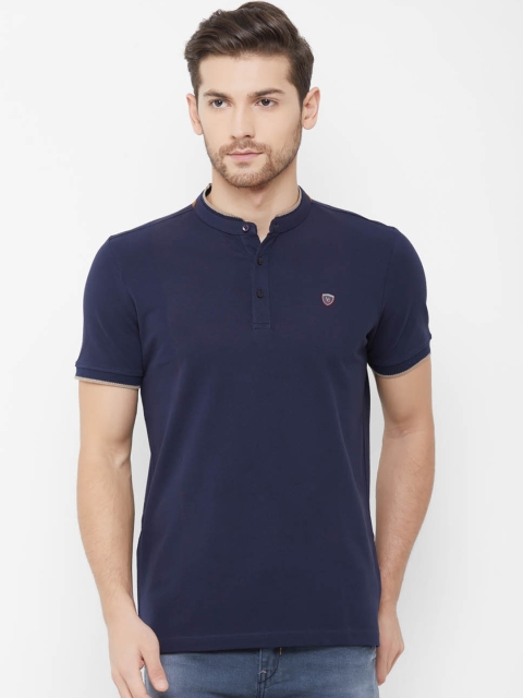 NEXGEN CLUB Men Navy Blue Solid Mandarin Collar T-shirt
