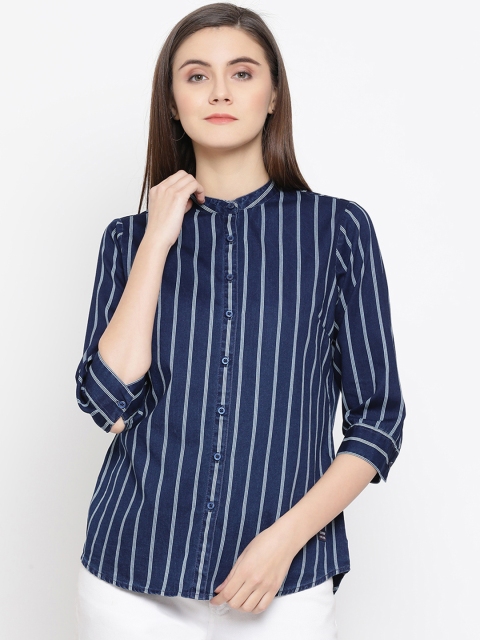 Crimsoune Club Women Blue & White Slim Fit Striped Casual Shirt