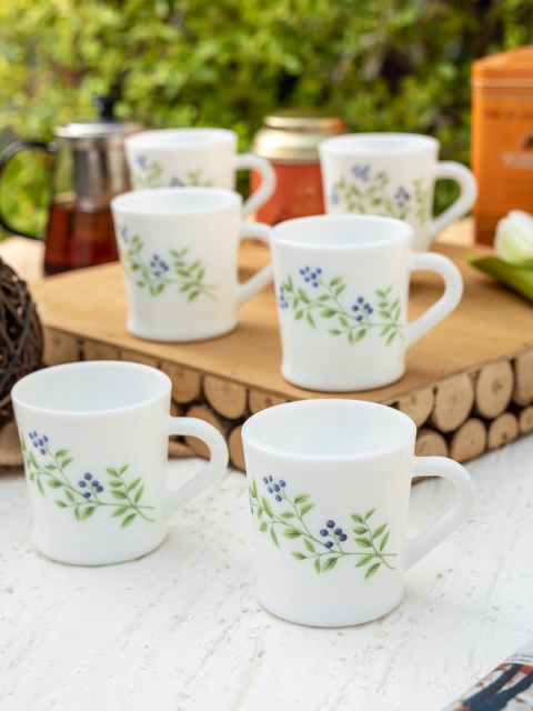 Laopala Set of 6 White Printed Opalware Tea Coffee Mugs