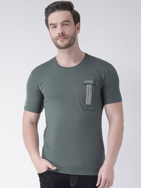 Rex Straut Jeans Men Olive Green Solid Round Neck Slim Fit T-shirt