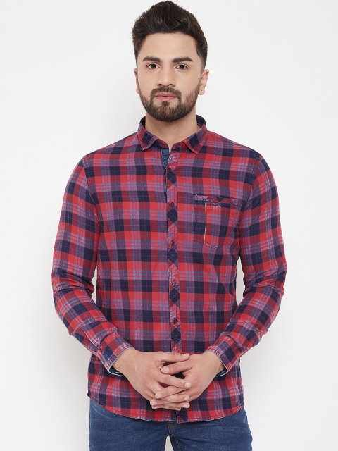 Canary London Men Red & Navy Blue Slim Fit Checked Casual Shirt