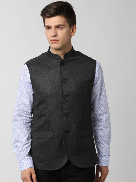Peter England Men Black Solid Woven Nehru Jacket