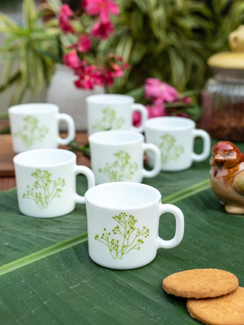 Laopala Set of 6 White Printed Opalware Tea Coffee Mugs