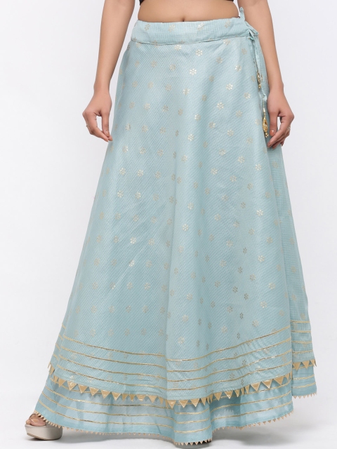 SOUNDARYA Women Blue & Gold-Toned Printed Flared Maxi Skirt