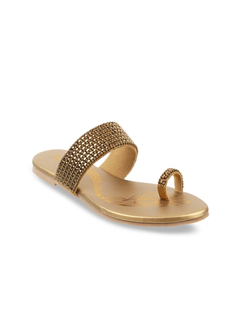 Metro Women Muted Gold-Toned Embellished One Toe Flats